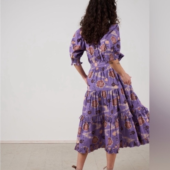NWOT Ulla Johnson Dasha Popelin Ruffle Tier Purple Zinnia Floral Midi Dress - Picture 2 of 16